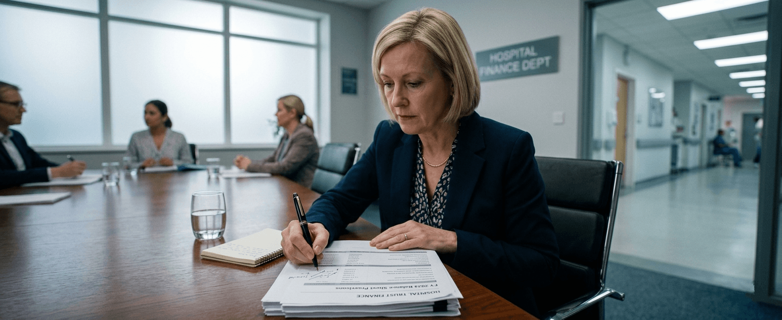 Hospital finance director reviewing balance sheet provisions on a printed financial report at a formal boardroom table.