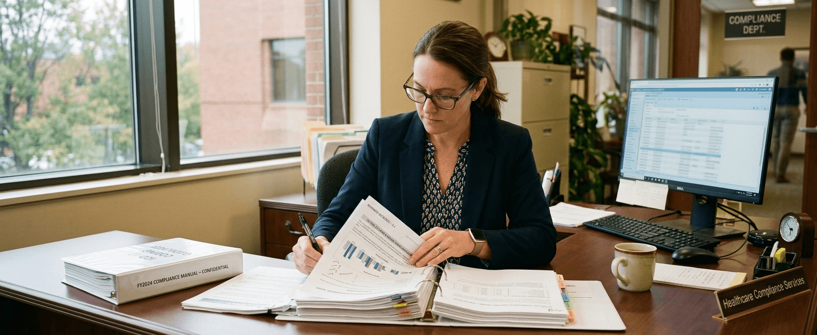 Healthcare billing professional reviewing printed compliance documents at a formal desk with natural window light.